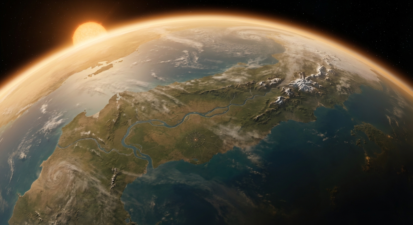 Planet Kadmiel from low orbit, showing the Harel Valley, Ner River, and the amber glow of star Ner